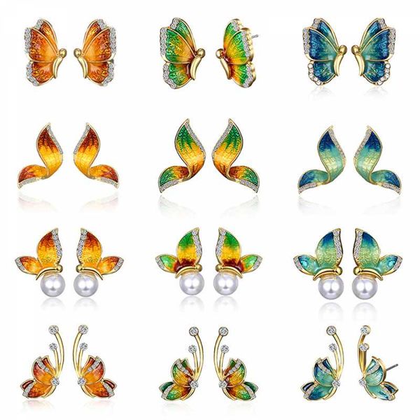 

stud creative butterfly shape earrings for women golden enamel crystal pearl wedding jewelry anniversary gifts, Golden;silver