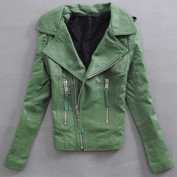 

women's leather & faux slim genunie spring jacket women real sheepskin green wind lapel oblique zipper red motorcycle lady, Black