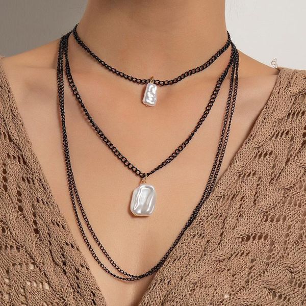 

multi-layer black rice beads irregular baroque pearl pedants necklace for women tassel pendant female jewelry collar chains, Silver