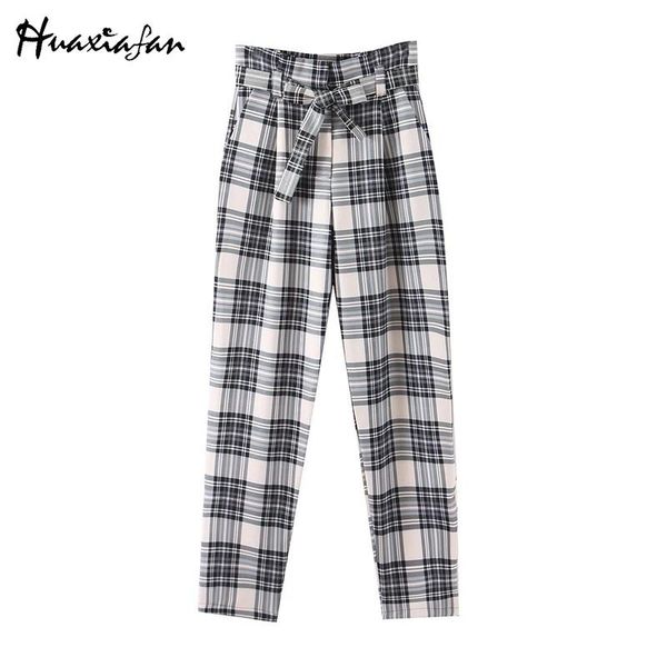 

women's pants & capris huaxiafan women retro basic plaid long pant checkered zipper pockets bow tie sashes female formal full length tr, Black;white