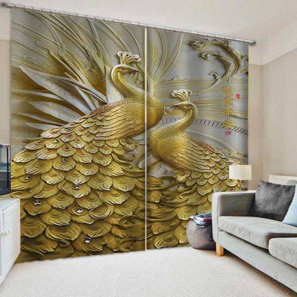 

stereoscopic peacock printing curtains for living room bedroom window treatment jade gold drapes blinds curtain