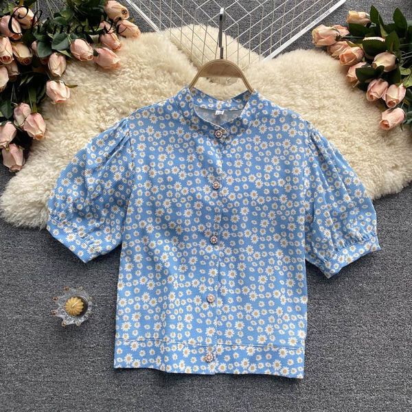 

women's blouses & shirts clothing 2021 bubble sleeve blouse floral short shirt female round neck single breasted top, White