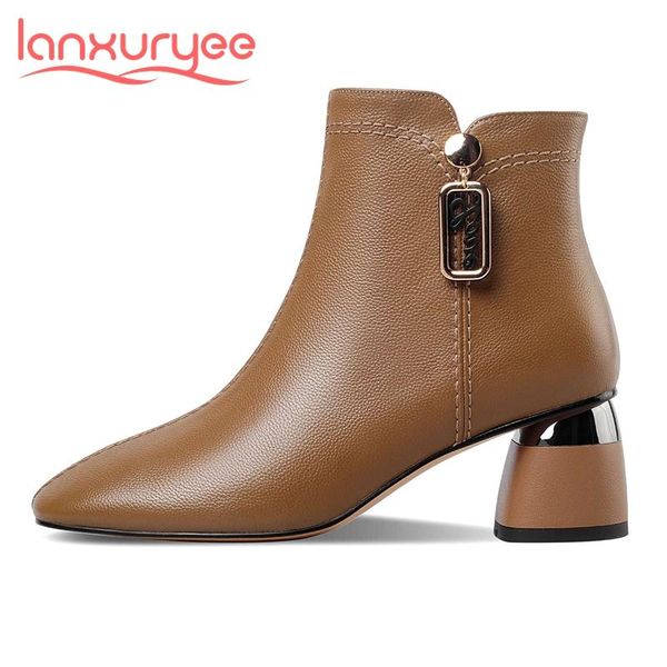 

boots lanxuryee plus size genuine leather round toe high heel winter shoes metal decorations young lady mature basic ankle l6f2, Black