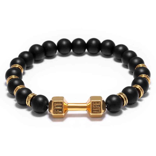 

fashion fitns dumbbell charm bracelet 8mm natural stone black agate bead stretch bracelet, Golden;silver