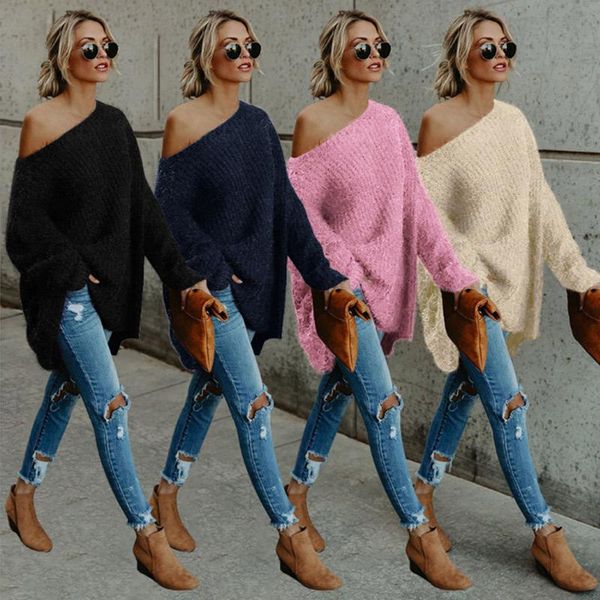 

women's sweaters ly women autumn winter one shoulder sweater plus size loose fit plush pullover, White;black