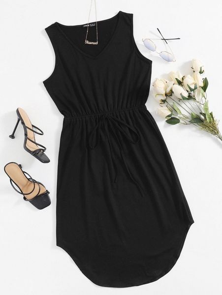 

v neck tie front curved hem dress 17n5#, Black;gray