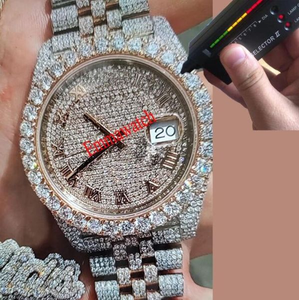 

2021 new moissanite diamonds watch can pass the test men luxury silver case green dial full iced out watches sliver wristwatches with box an, Slivery;brown