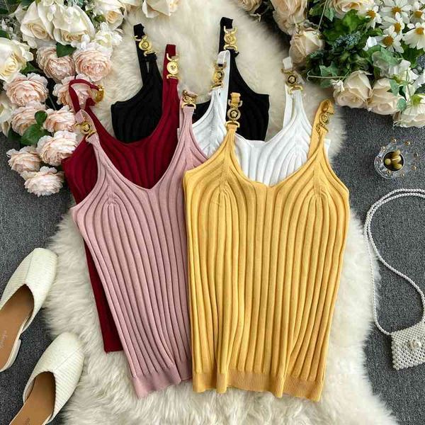 

women's tanks & camis vintage women chain button pitted knitted tanks summer solid female fashion camisole backless part, White