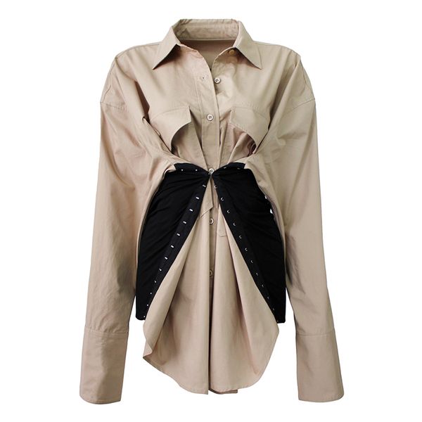 

women shirt white khaki turn down collar girdle patchwork button long sleeve chic spring summer b0741 210514