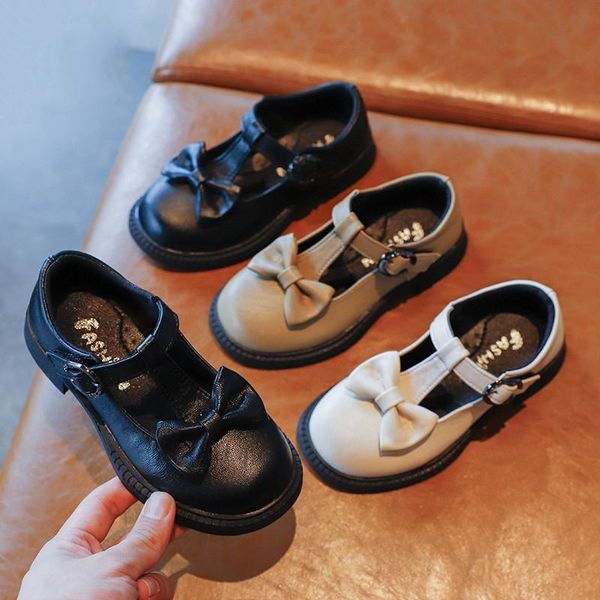 

spring girls leather shoes cute bow baby girl princess fashion solid color casual kids sneakers flat heel sz354, Black;grey