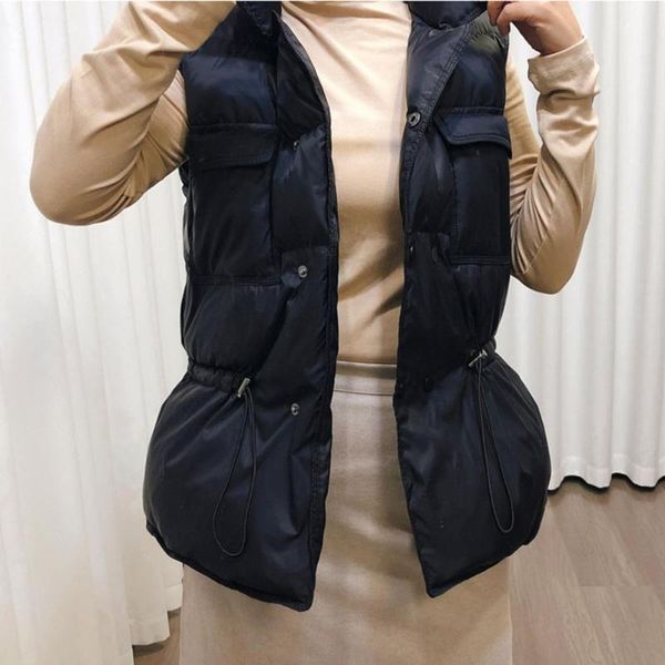 

women's vests down coat slim skin-friendly drawstring sleeveless cardigan tight waist lady waistcoat, Black;white