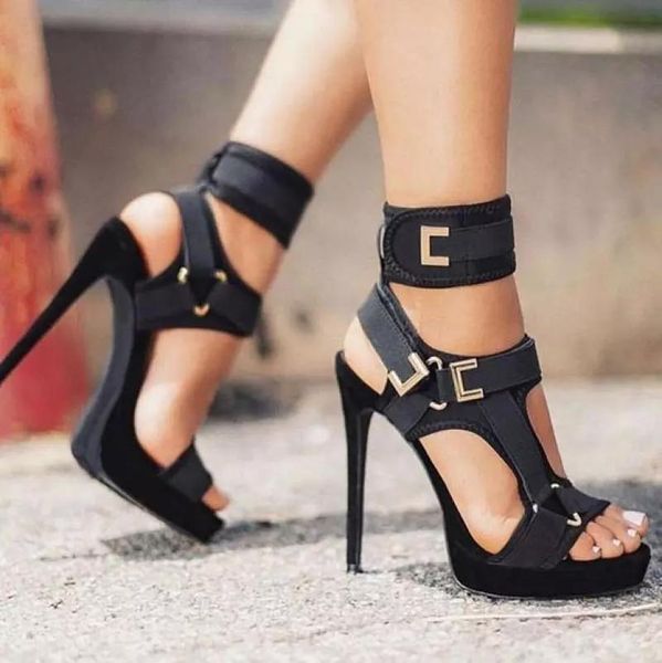 

sandals women platform open toe cut out high heels shoes hook-and-loop ankle strap stiletto buckle decor, Black