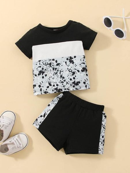 

baby splash ink print colorblock tee & shorts she, White