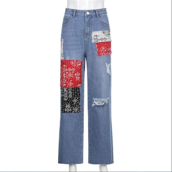 

women's jeans korean version women/girl high waist patch designs borken hole straight type burrs hip hop punk style blue cowboy pants