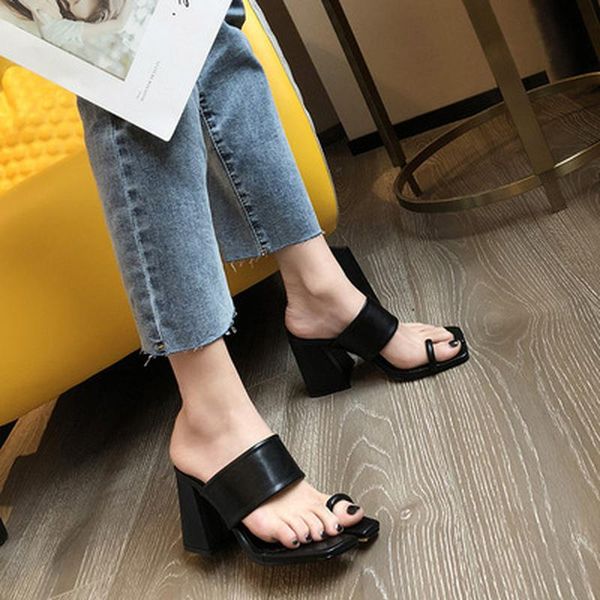 

dress shoes 2021 square toe design high heel slippers summer outdoor slip on ladies elegant slides sandal, Black