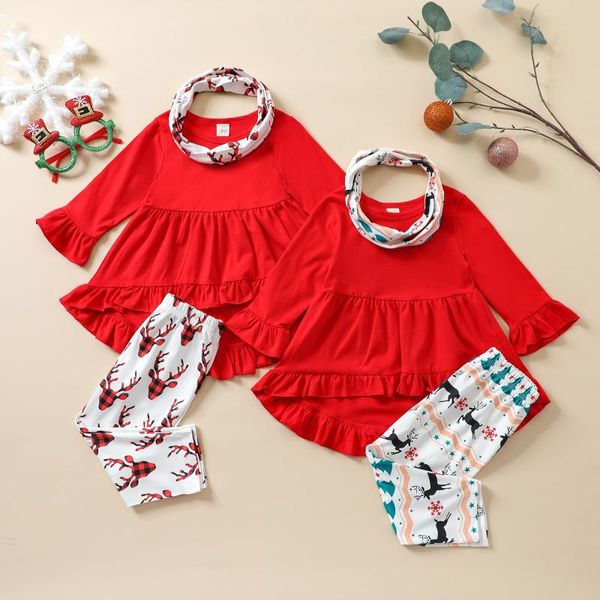 Conjuntos de roupas Christmas Girls Girls Toddler Rufler Manga Longa Tops + Calças Impressas + Roupas de Lenço