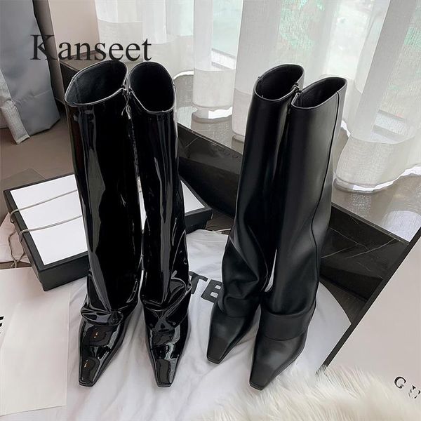

boots kanseet wedges women knee-high 2021 autumn winter square toe slim female long black zip size 40 high heels shoes