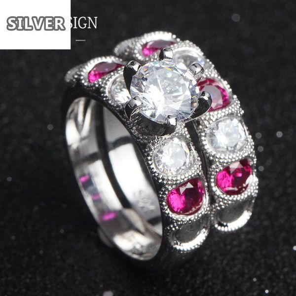 

cluster rings 2/pcs princess six ruby diamond for women gorgeous,red garnet-profile purple dance/party/dinner lady ring size 5-12, Golden;silver