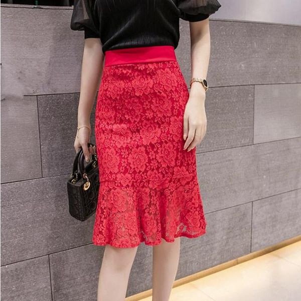 

skirts women summer pencil lady office high waist slim lace skirt female vintage solid knee-length s- j154, Black