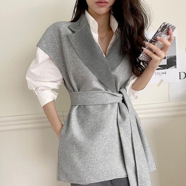 

women's jackets autumn winter women fashion woolen jacket turn down collar sleeveless solid color lace up outfit cardigan black, Black;brown