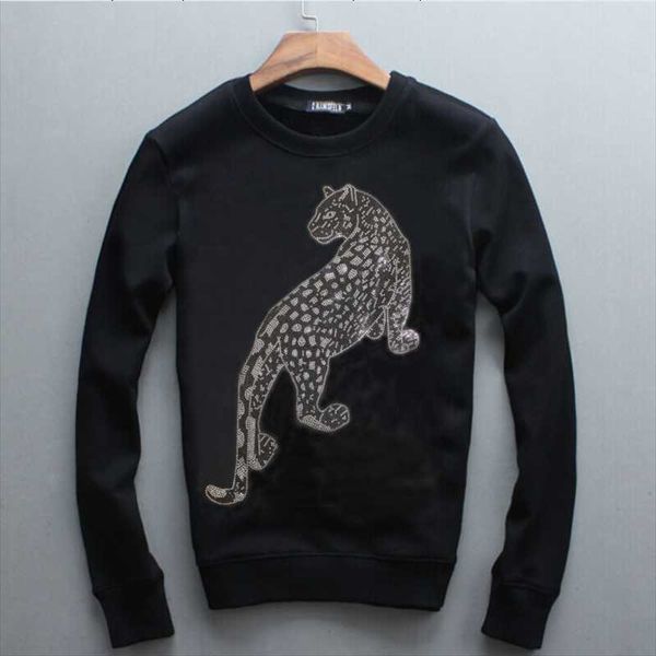 

men's hoodies & sweatshirts autumn and winter leopard rhinestone loose comfortable sweatshirt casual cotton fashion round neck hoodie, Black