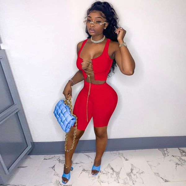 

women's tracksuits women fitness two piece matching set summer tracksuit metal chain lace up tank and slim sheath short fashion club ou, Gray