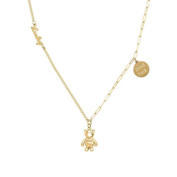 

chains european and american ins trendy hip-hop cute bear english goodluck pendant necklace female clavicle chain titanium steel gold, Silver