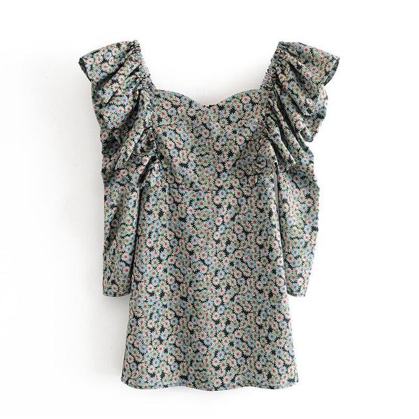 

casual dresses women elegant ruffle mini dress spring floral print vintage party ladies fashion puff long sleeve bodycon 2021, Black;gray