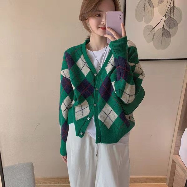 

v-neck contrast rhomboid knitted cardigan loose autumn and winter sweater coat women, White;black