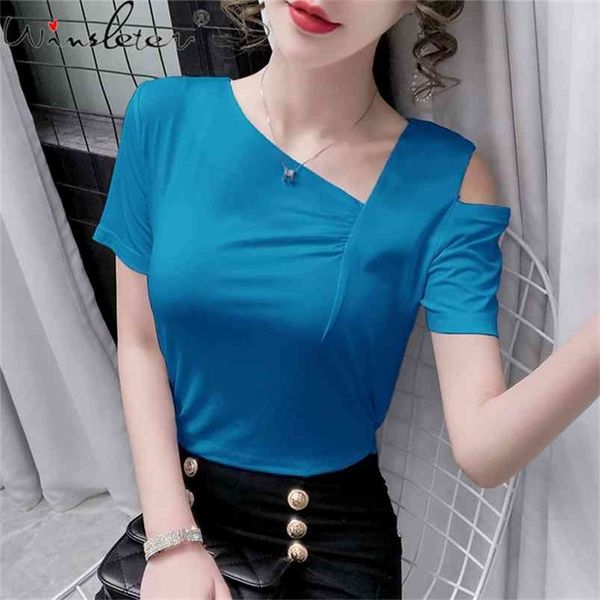 Summer Coreano Abbigliamento Cotton Piega T-Shirt Fashion Solid Off Shoulder Donne Top Manica corta TOUNDING SHIRD TEES T13018A 210421