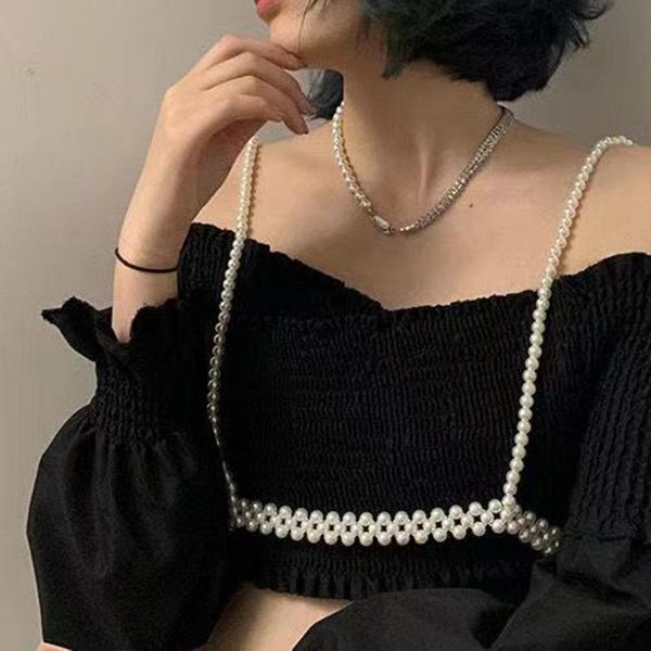 

belts net red sling vest outside imitation pearl women's waist chain design trend ins elastic decoration skirt suspender belt, Black;brown