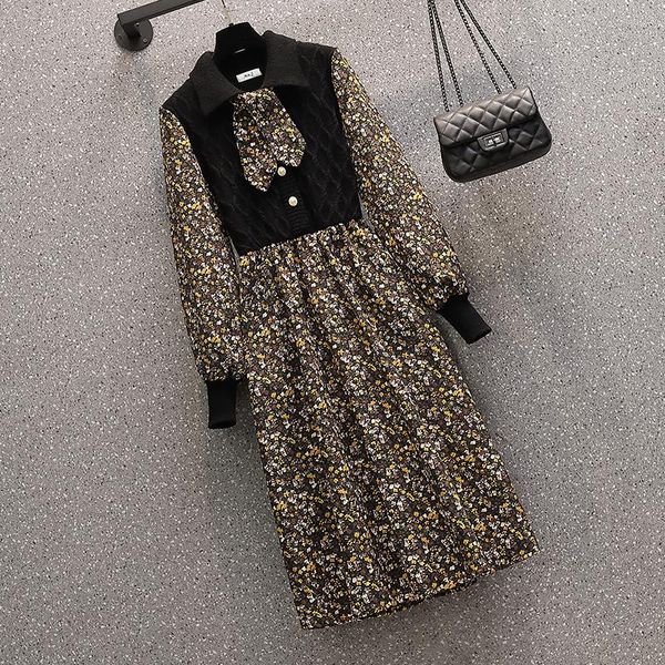 

casual dresses corduroy vintage for women patchwork knitted floral vestidos slim thicked robe 2021 korean plus size chic female dress, Black;gray