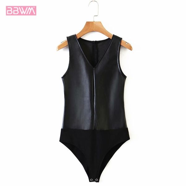 

v-neck sleeveless skinny stitching pu slimming female jumpsuit black jump di chic women's jumpsuit 210507, Black;white