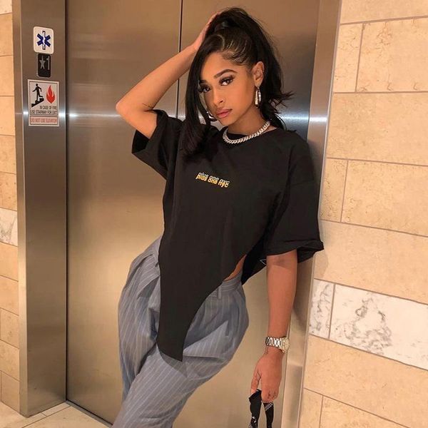 

women's t-shirt 2021 product loose and thin letter printing irregular design sense hip-hop dancing street shooting short-sleeved fem, White