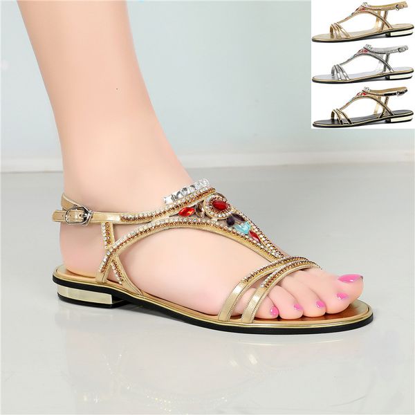 

sandals 2021 summer rhinestone large shoes lace-up flat roman small size diamond women's banquet wild sandals, Black
