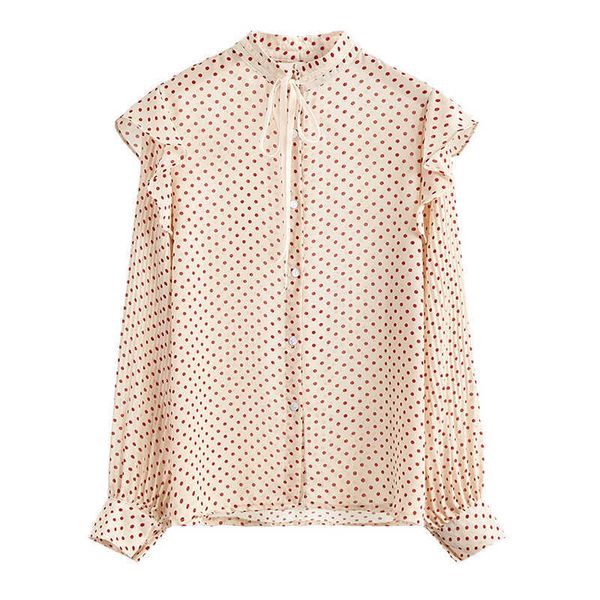 

perhaps u women beige polka dot shirt stand collar puff long sleeve vintage ruffle bow b0686 210529, White