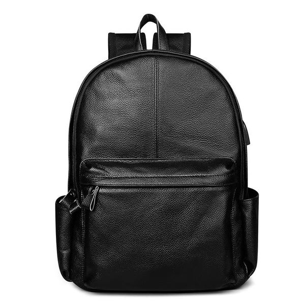 

backpack korean cow genuine leather men preppy style school bag large capacit solid color simple rucksack