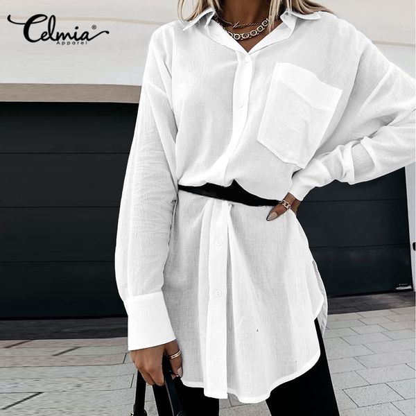

blouses celmia fashion oversized shirts women 2021 spring summer long sleeve shirt elegant lapel solid casual pockets blusas, White