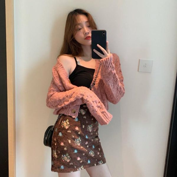 

two piece dress women fashion three sets lining&shoulder knit sweater cardigan&floral printed mini skirt 3pc suit set, White
