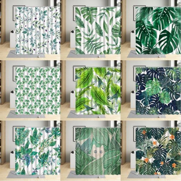 

tropical natural green plant leaf palm leaves shower curtains bathtub screens waterproof frabic bathroom curtain with hooks set