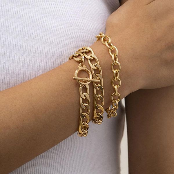 

link, chain 3pcs/set vintage geometric metal punk bracelet for women multilayers ot clasp set jewelry xr-33, Black