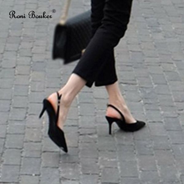 

dress shoes roni bouker summer women's stiletto heels woman slingbacks ankle strap pointed toe ladies high heel pumps 8cm height, Black