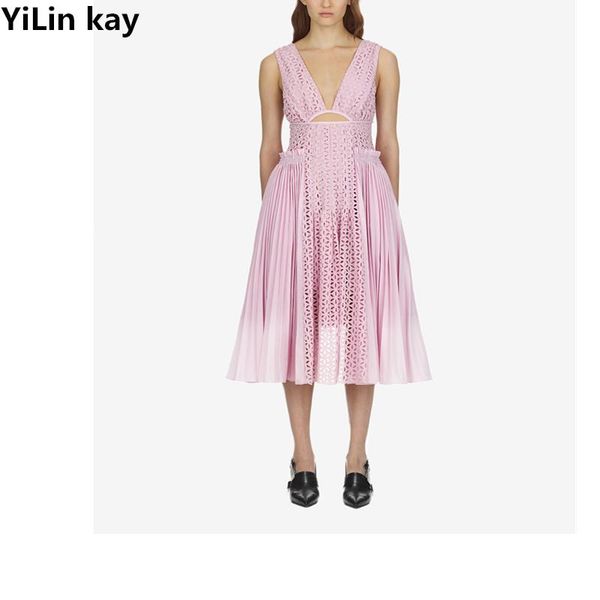 

yilin kay 2021 high-end custom self portrait summer women's dress v-neck sleeveless lace hollow out party casual dresses, Black;gray