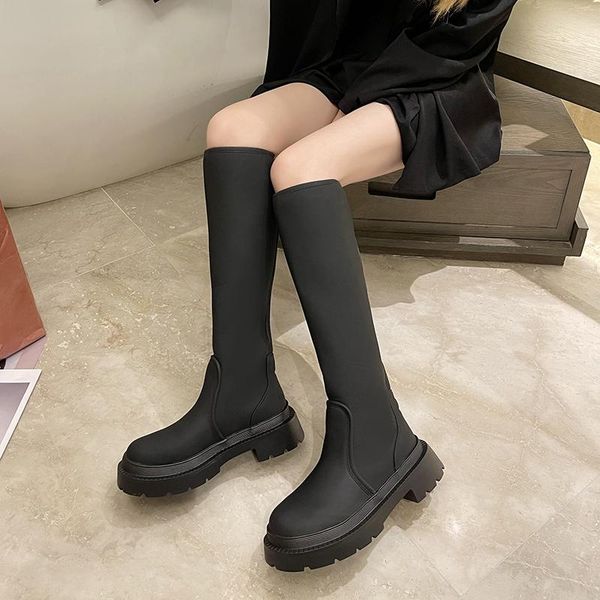 

boots brand design female square med heel with platform 2021 autumn winter comfy lady office women knee high booties shoes, Black
