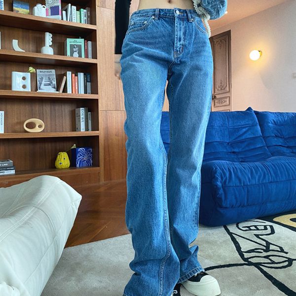 

jeans high waist baggy women korean style minimalist wide leg long pants plus size mom jeans casual denim trousers qffs d51x, Blue