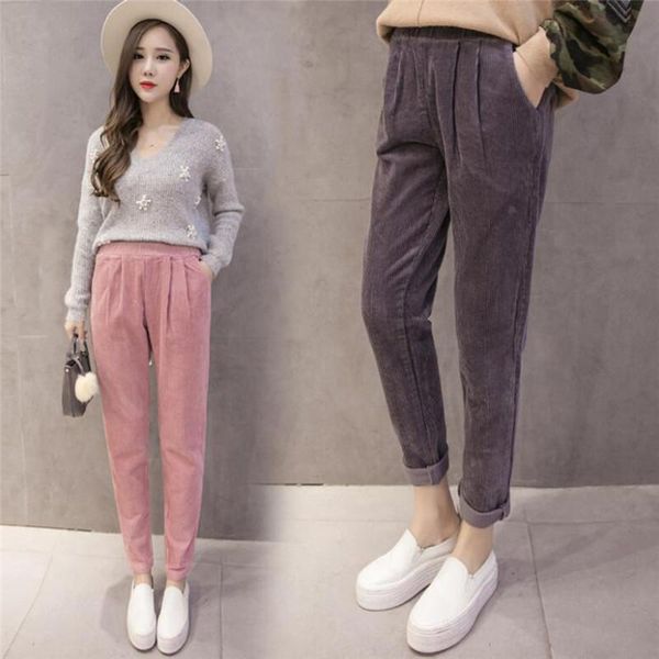 

women's pants & capris autumn winter women trousers elastic waist corduroy pant casual pocket harem harajuku ladies pantalon femme, Black;white