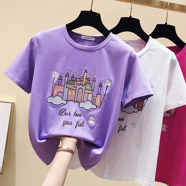 

t shirt women cotton cartoon embroidery tshirt female short sleeve summer womens korean fashion clothing t-shirt femme 210615, White