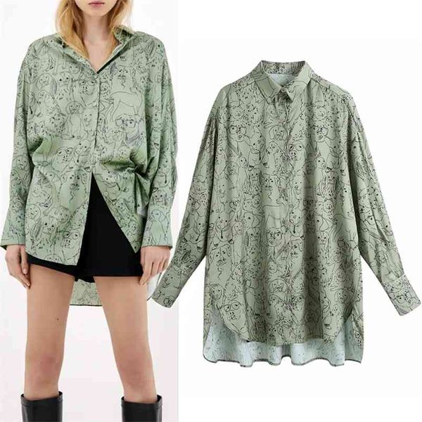 

green animal printed oversized button up shirt women autumn collared long sleeve blouses ladies loose casual 210519, White