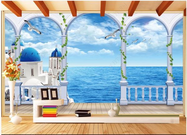 

custom po wallpapers 3d mediterranean mural wallpaper european-style cylindrical blue sky seaside scenery