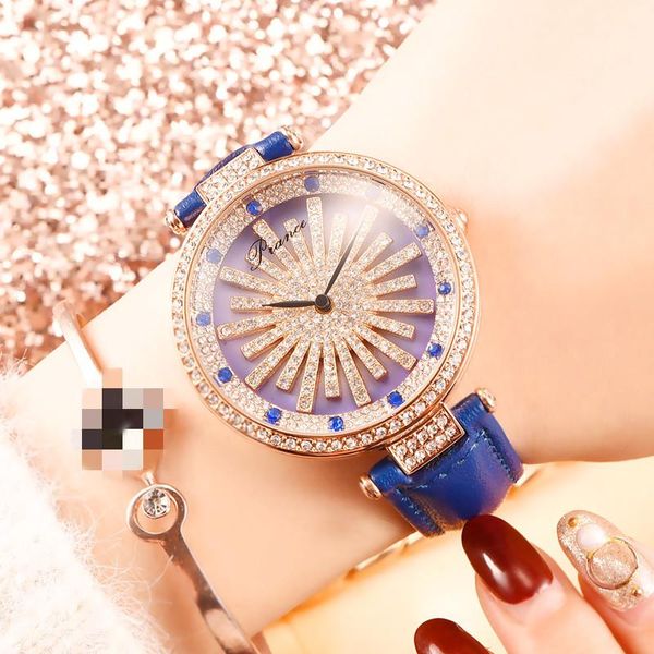 

fashion full rhinestone leather strap women's watch multicolor irregular rotary quartz wristwatches, Slivery;brown